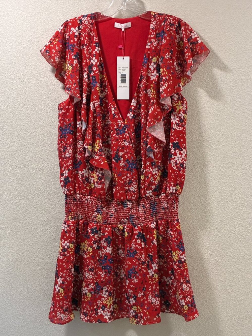 Parker Flutter Sleeveless Shirred Waist Red Floral Ruffled Mini Dress L NWT
